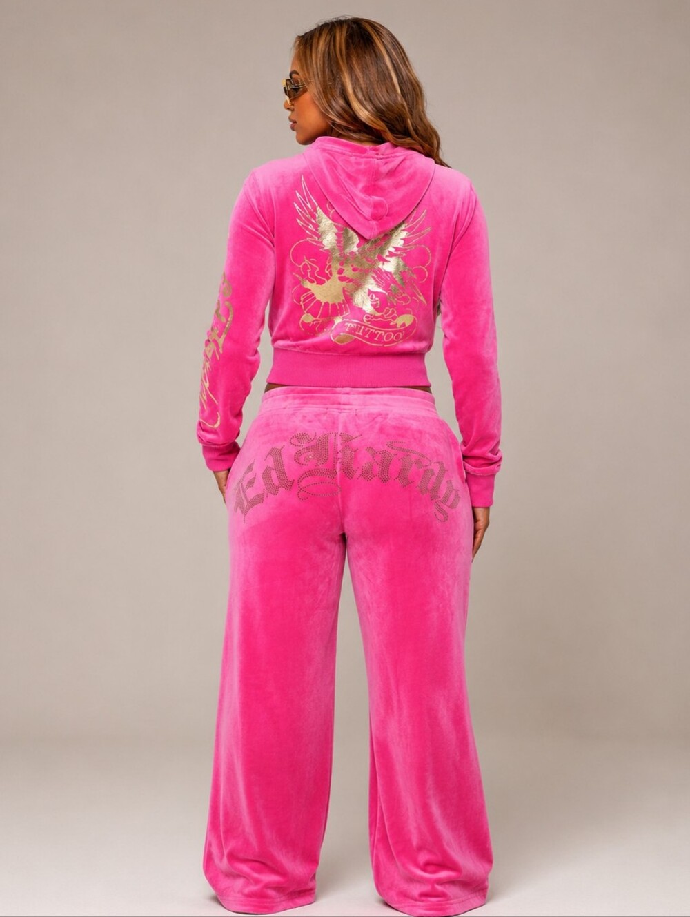 LOT ED HARDY Pink Velour Tracksuit HOODIE & JOGGERS Womens 1X